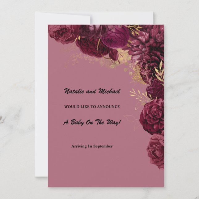 Anúncio De Gravidez Floral Dourada E Burgundia (Frente)