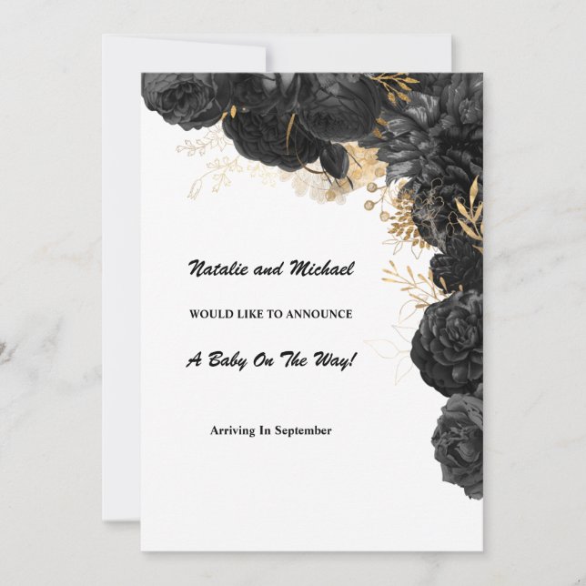 Anúncio De Gravidez Floral Preta E Dourada (Frente)