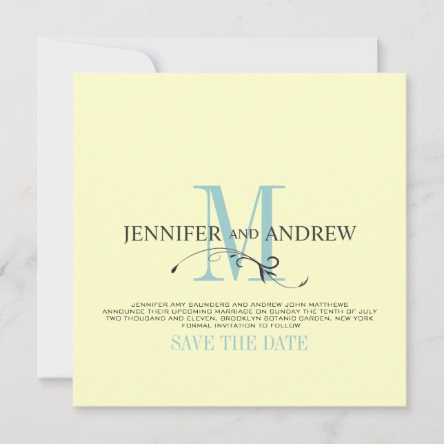 Anúncio de Monograma de Save the Date Creme Azul (Frente)