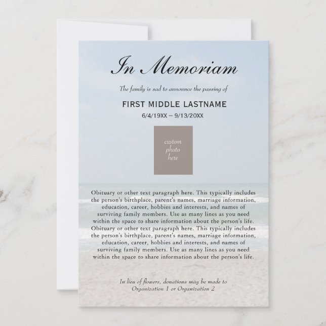 Anúncio de morte obituária por fotografia do Ocean (Frente)