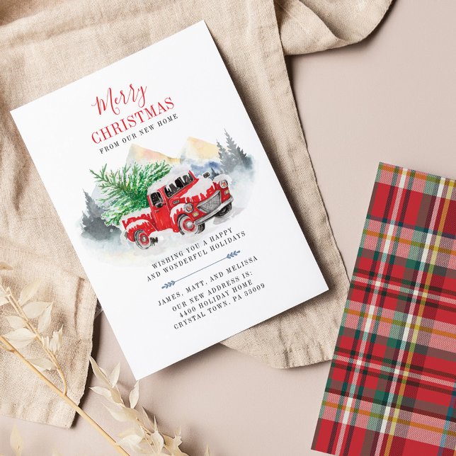 Anúncio de Movimentação de Feriado de Natal do Orç (Plaid Red Truck Rustic Holiday Moving Announcement)