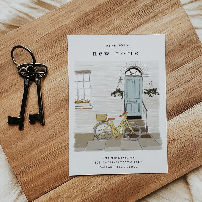 Anúncio de movimento ilustrado da porta azul (Blue Front Door with Bicycle Illustrated Moving Announcement Cards)
