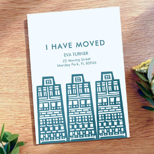 Anúncio de mudança azul com prédios retrô