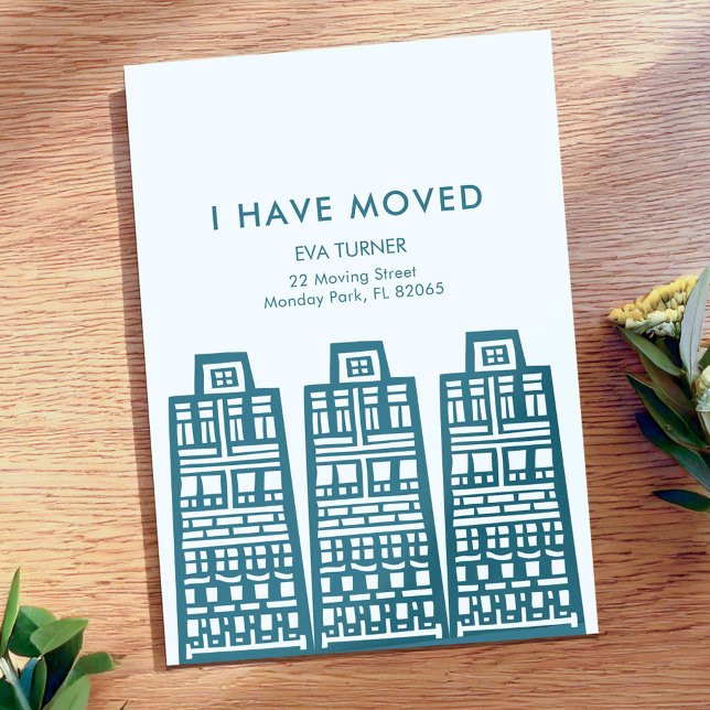 Anúncio de mudança azul com prédios retrô (Criador carregado)