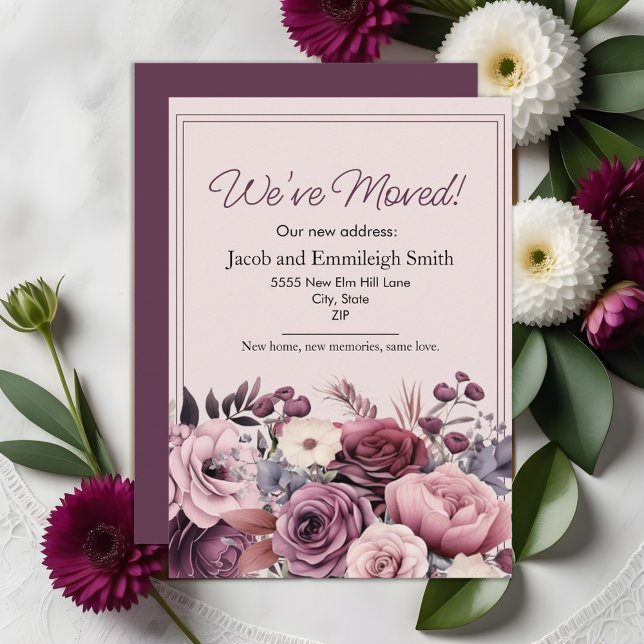 Anúncio de Mudança Casal Roxo Rosa Floral (Purple and pink watercolor floral moving announcement)