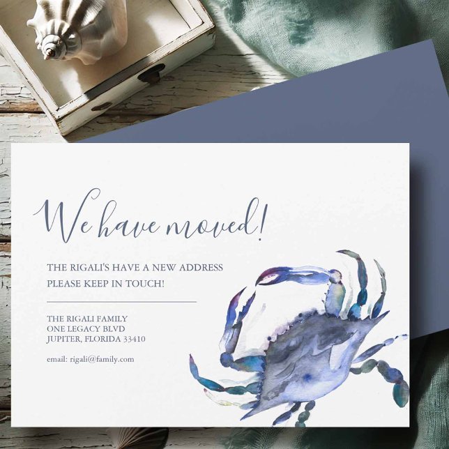 Anúncio de Mudança de Endereço Caranguejo Azul (Moving announcement cards blue crab art by Victoria Grigaliunas of Do Tell A Belle.)