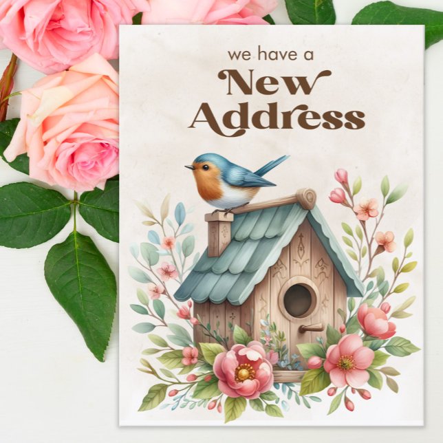 Anúncio de Mudança de Endereço Casa de Pássaros Fl (Pink flowers and birdhouse change of address postcard)