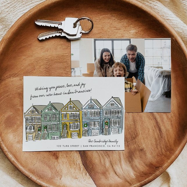 Anúncio de mudança Painted Ladies San Francisco (Hand-drawn holiday moving announcement card featuring an illustration of the Painted Ladies.)