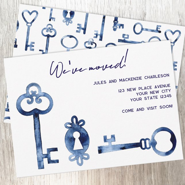 Anúncio de Mudança para Nova Casa com Chaves Antig (Hand painted watercolor locks and keys custom personalized text moving new home announcement cards)