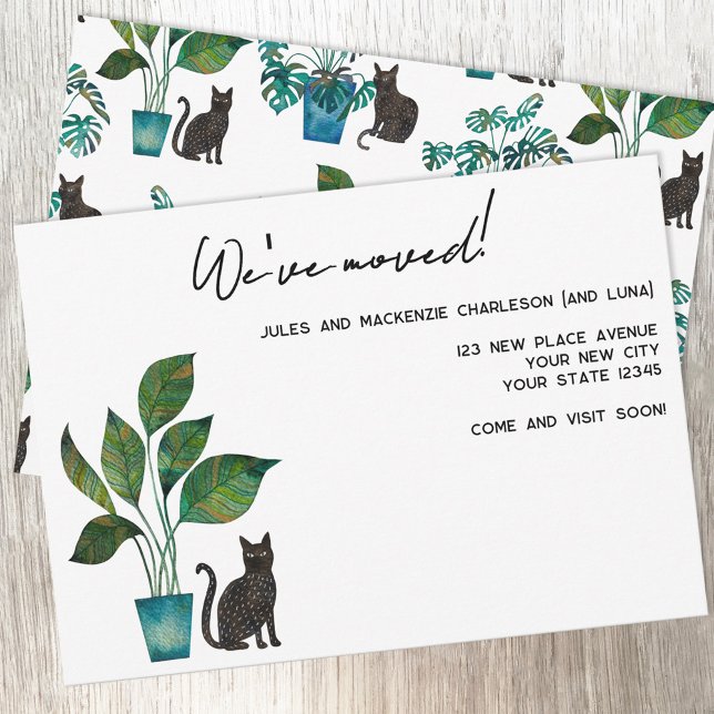 Anúncio de Mudança para Nova Casa com Gato Preto e (Black cat and potted plant watercolor custom text personalized moving new home address announcement)