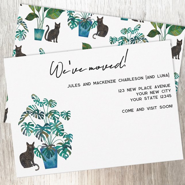 Anúncio de Mudança para Nova Casa com Planta e Gat (Black cat and potted plant watercolor custom text personalized moving new home address announcement)