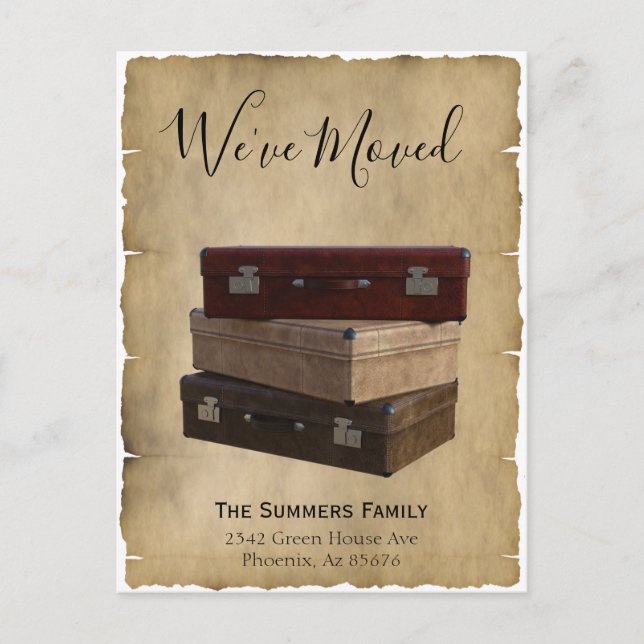 Anúncio de mudança retrô Nós nos mudamos Mala de v (Frente)