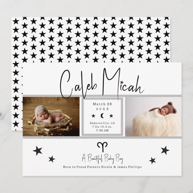 Anúncio de Nascimento Bebê Foto Estrelas de Áries (Frente/Verso)