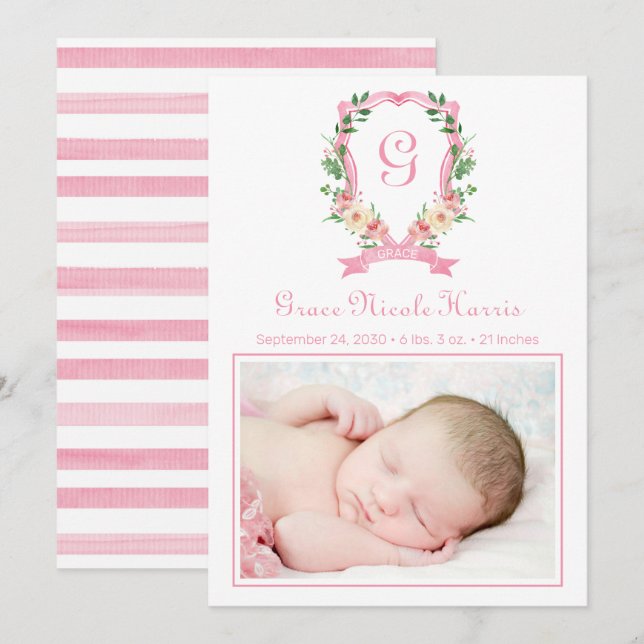 Anúncio de Nascimento com Brasão Monogramado Rosa (Frente/Verso)