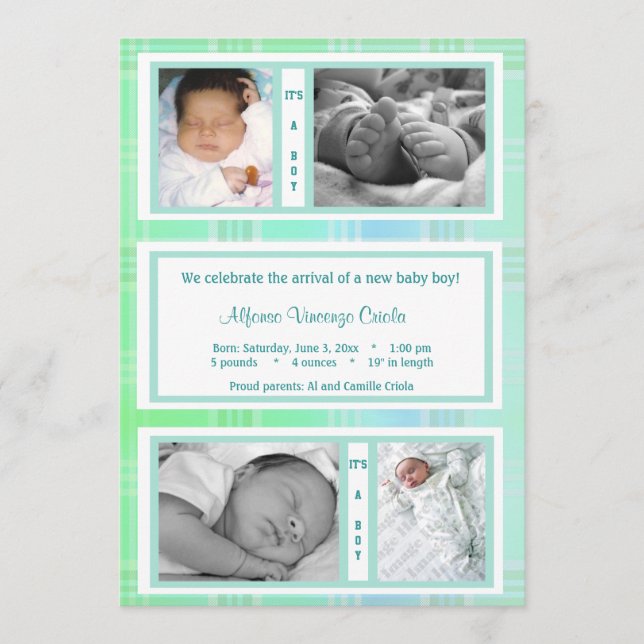 Anúncio de Nascimento com Foto em Xadrez Verde (Frente)
