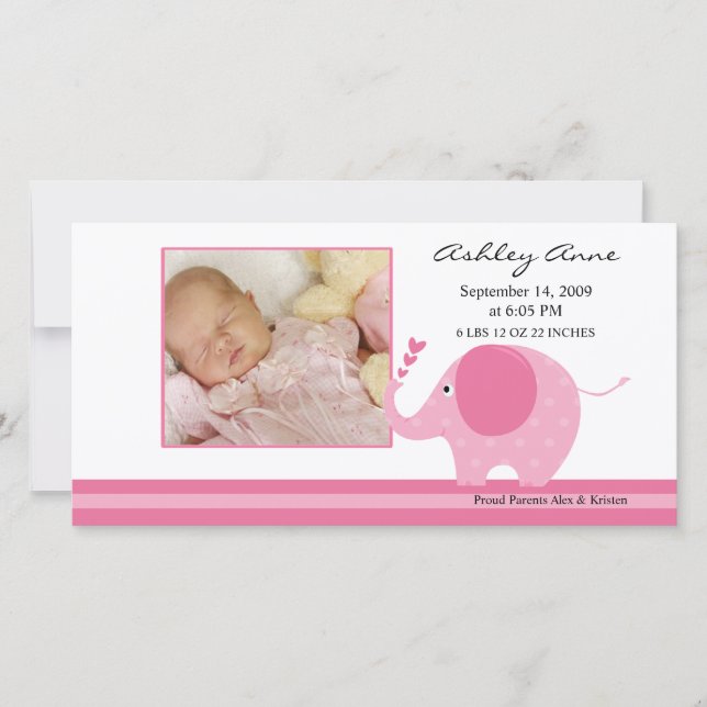 Anúncio de Nascimento da Bebê Elefante Rosa (Frente)