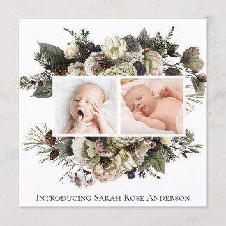 Anúncio de Nascimento da Colagem de Fotos Floral