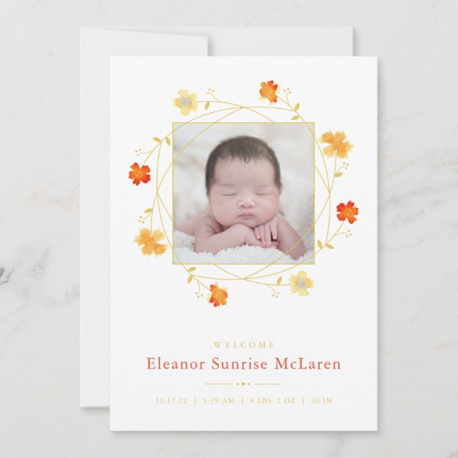 Anúncio de Nascimento da Cor de Água Floral Laranj (Frente)