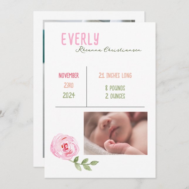 Anúncio de Nascimento da Flor de Aquarela da Bebê (Frente/Verso)