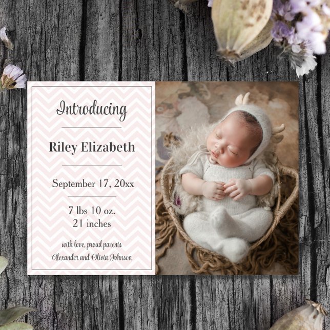Anúncio de nascimento da Foto Chevron Rosa (Pink Chevron Photo Birth Announcement)