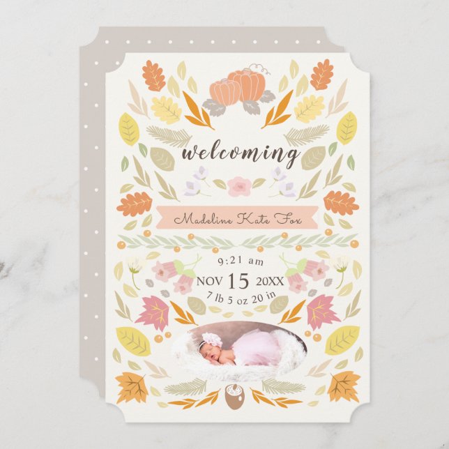 Anúncio de Nascimento da Foto de Folhagem de Outon (Frente/Verso)