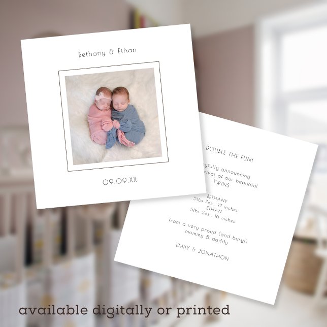 Anúncio de Nascimento da Foto de Gêmeos Minimalist (Criador carregado)