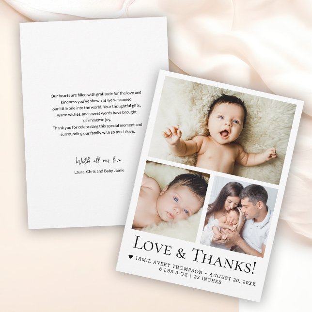 Anúncio de Nascimento da Foto do Amor e Obrigados (Custom photo collage baby birth announcement love and thanks cards.)