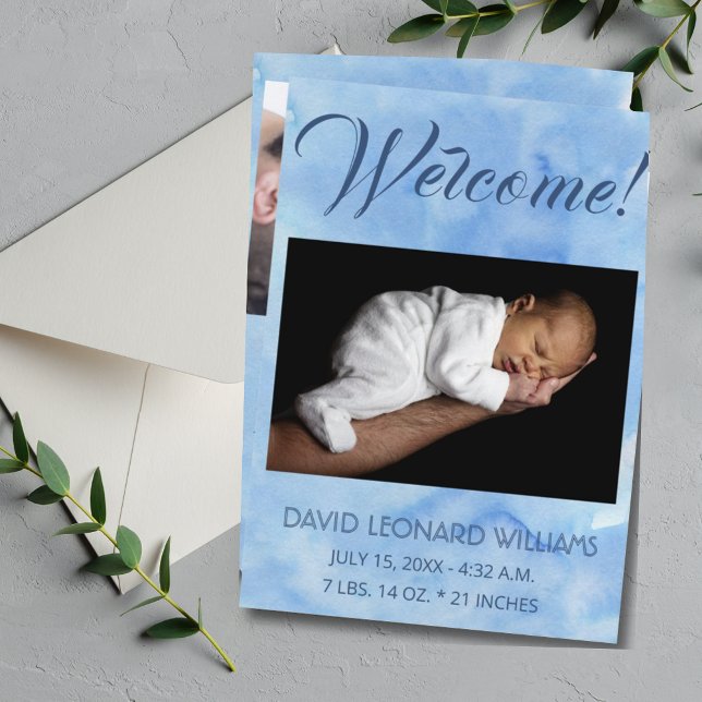 Anúncio de Nascimento da Foto do Blue Baby Boy (Modern Blue Baby Announcement Photo Card)