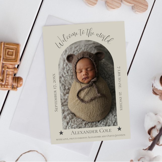 Anúncio de nascimento da Foto do Quadro de Arco Si (Beige Simple Arch Frame Photo Birth Announcement)