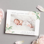 Anúncio de Nascimento da Foto Floral Blush Whisper<br><div class="desc">O anúncio de nascimento floral elegante em cores de pastel chico apresenta uma foto horizontal ou orientada para a paisagem com cheio de solteiro com aglomerados de flores de aquarela e folhagem botânica nos cantos. Personalize com o nome do bebê, estatísticas de natalidade e uma mensagem pessoal, e adicione três...</div>