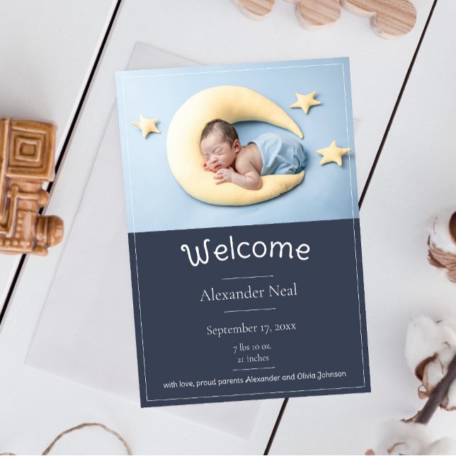 Anúncio de Nascimento da Foto Moderna Azul (Blue Modern Photo Birth Announcement)