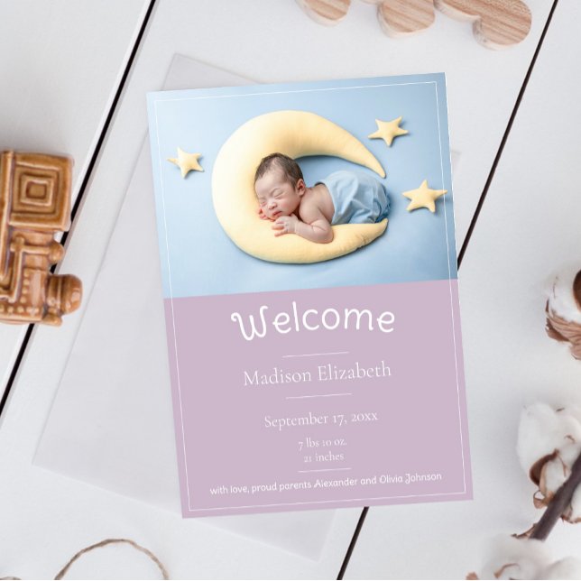 Anúncio de Nascimento da Foto Moderna Rosa (Pink Modern Photo Birth Announcement)