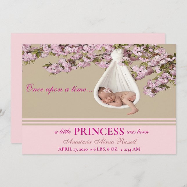 Anúncio de Nascimento da Sobreposição Rosa Bebê (Frente/Verso)