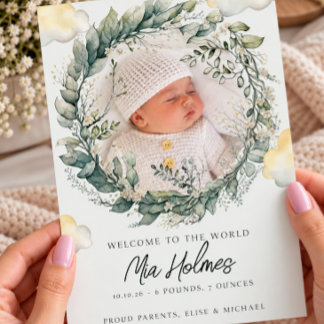 Anúncio de Nascimento de Bebê com Aquarela Botânic