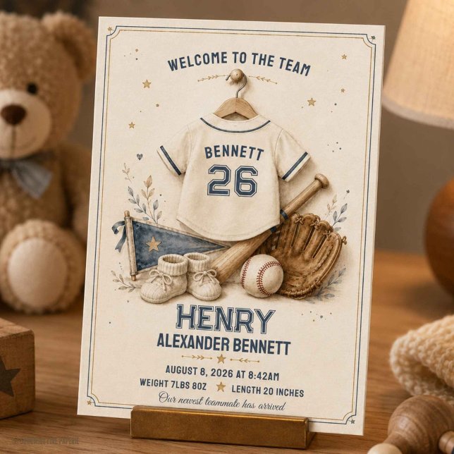 Anúncio de Nascimento de Bebê com Camisa de Beiseb (Vintage Baseball Jersey Baby Birth Announcement)