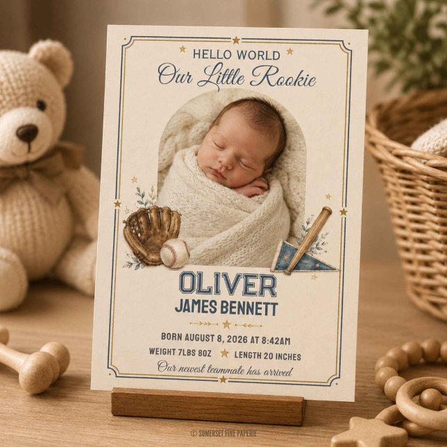 Anúncio de Nascimento de Bebê com Camisa de Beiseb (Vintage Baseball Jersey Baby Birth Announcement)