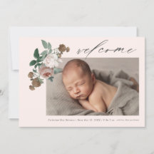 Anúncio de nascimento de bebê com rosa floral vint