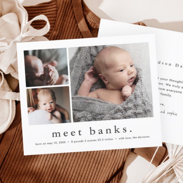 Anúncio de Nascimento de Bebê em Colagem de Fotos  (Simple Typography 3 Photo Collage Baby Stats Birth Announcement Thank You Cards.)