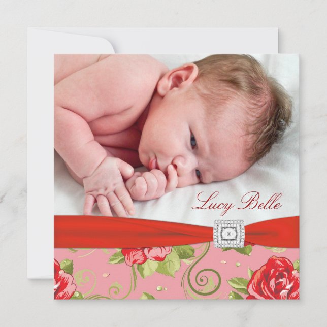 Anúncio de Nascimento de Bebê Menina com Rosa Verm (Frente)