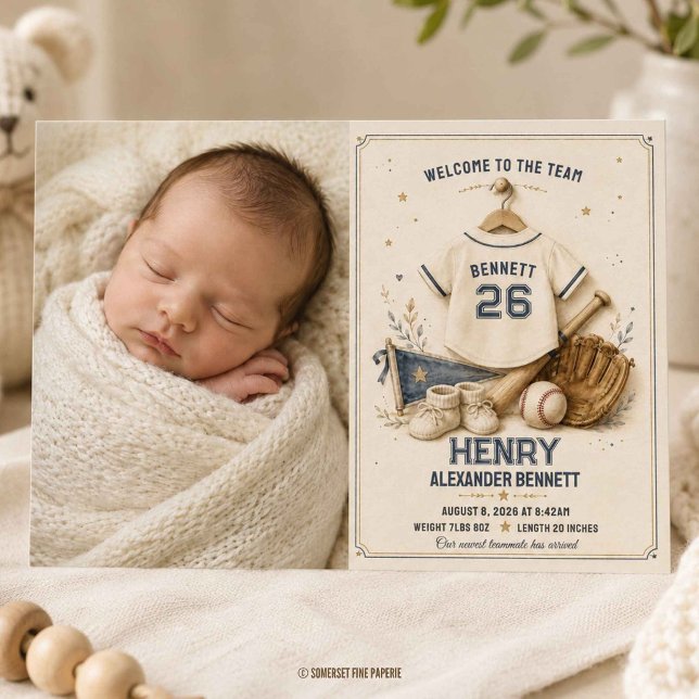 Anúncio de Nascimento de Bebê Menino de Beisebol V (Vintage Baseball Baby Boy Photo Birth Announcement Card Printed and Digital Download)