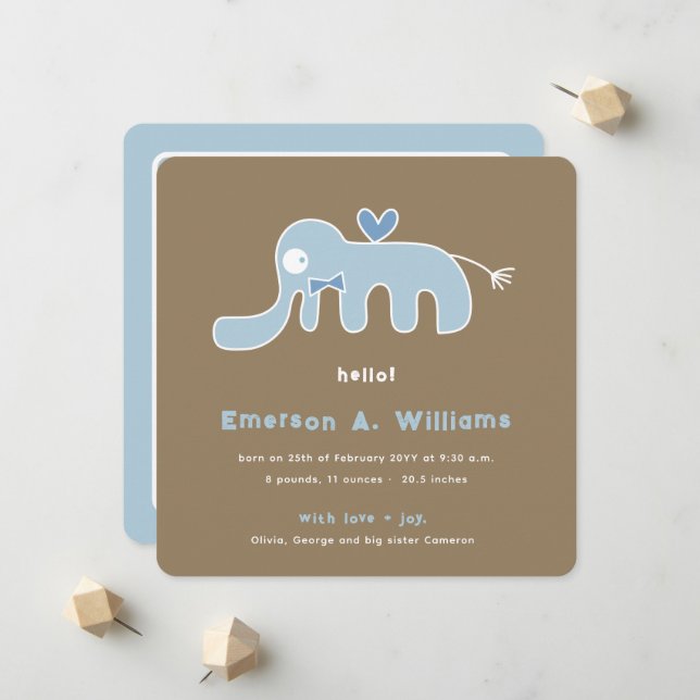Anúncio de Nascimento de Bebê Menino Elefante Azul (Frente/Verso In Situ)