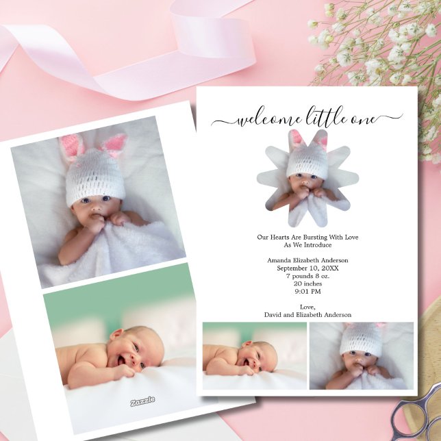 Anúncio de Nascimento de Bebê Menino ou Menina com (Multiple Photo Minimalist Modern Baby Birth Announcement Card. Three photos on front, two on back)
