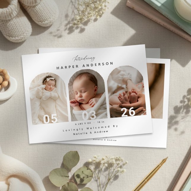Anúncio de Nascimento de Bebê Recém-Nascido com Fo (Elegant Arch Photo Newborn Baby Birth Announcement)