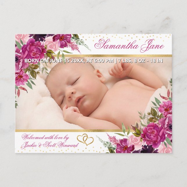 Anúncio de Nascimento de Bebê Recém-Nascido Floral (Frente)