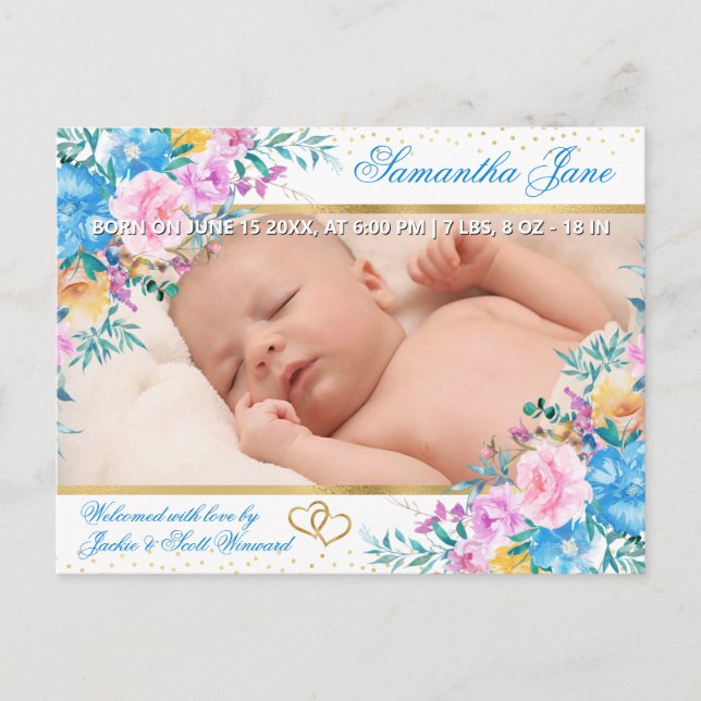 Anúncio de Nascimento de Bebê Recém-Nascido Floral (Frente)