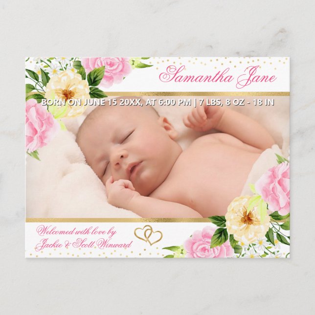 Anúncio de Nascimento de Bebê Recém-Nascido Floral (Frente)