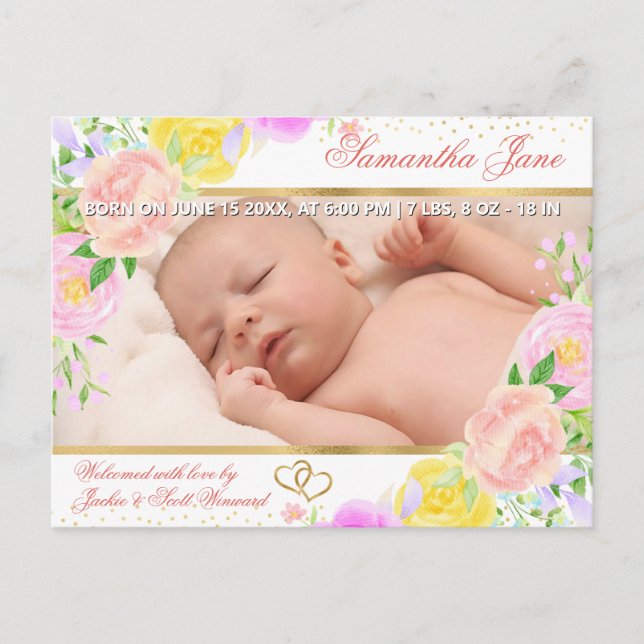 Anúncio de Nascimento de Bebê Recém-Nascido Floral (Frente)