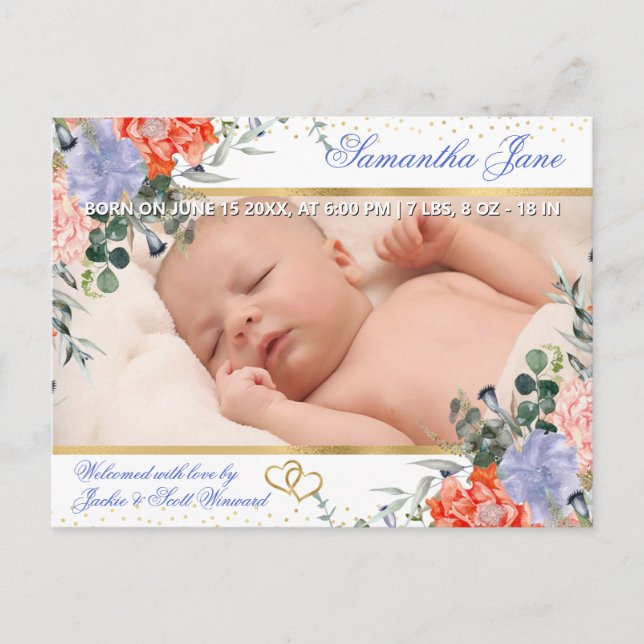 Anúncio de Nascimento de Bebê Recém-Nascido Floral (Frente)