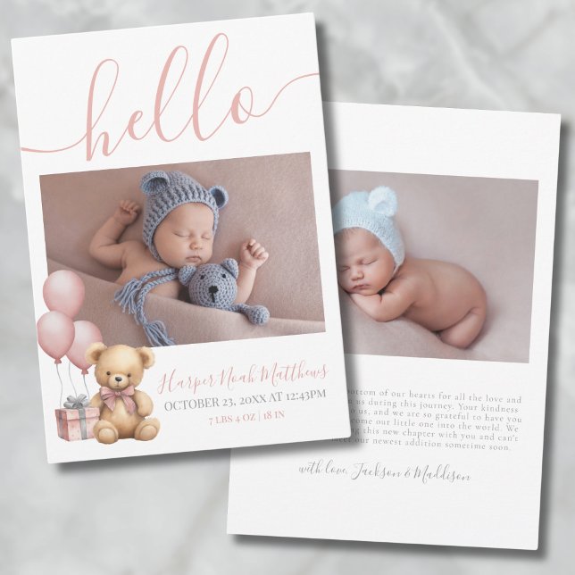Anúncio de Nascimento de Bebê Urso Recém-Nascida M (Baby Girl Newborn Photo Birth Announcement)
