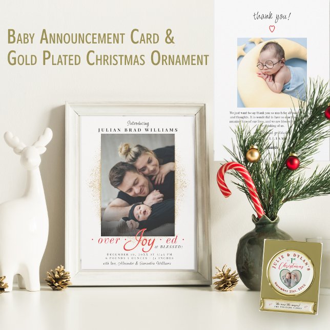 Anúncio de nascimento de Feriado de Foto Abençoado (Overjoyed Blessed Photo Holiday Birth Announcement, Gold Plated Christmas Ornament Gift grandparents)